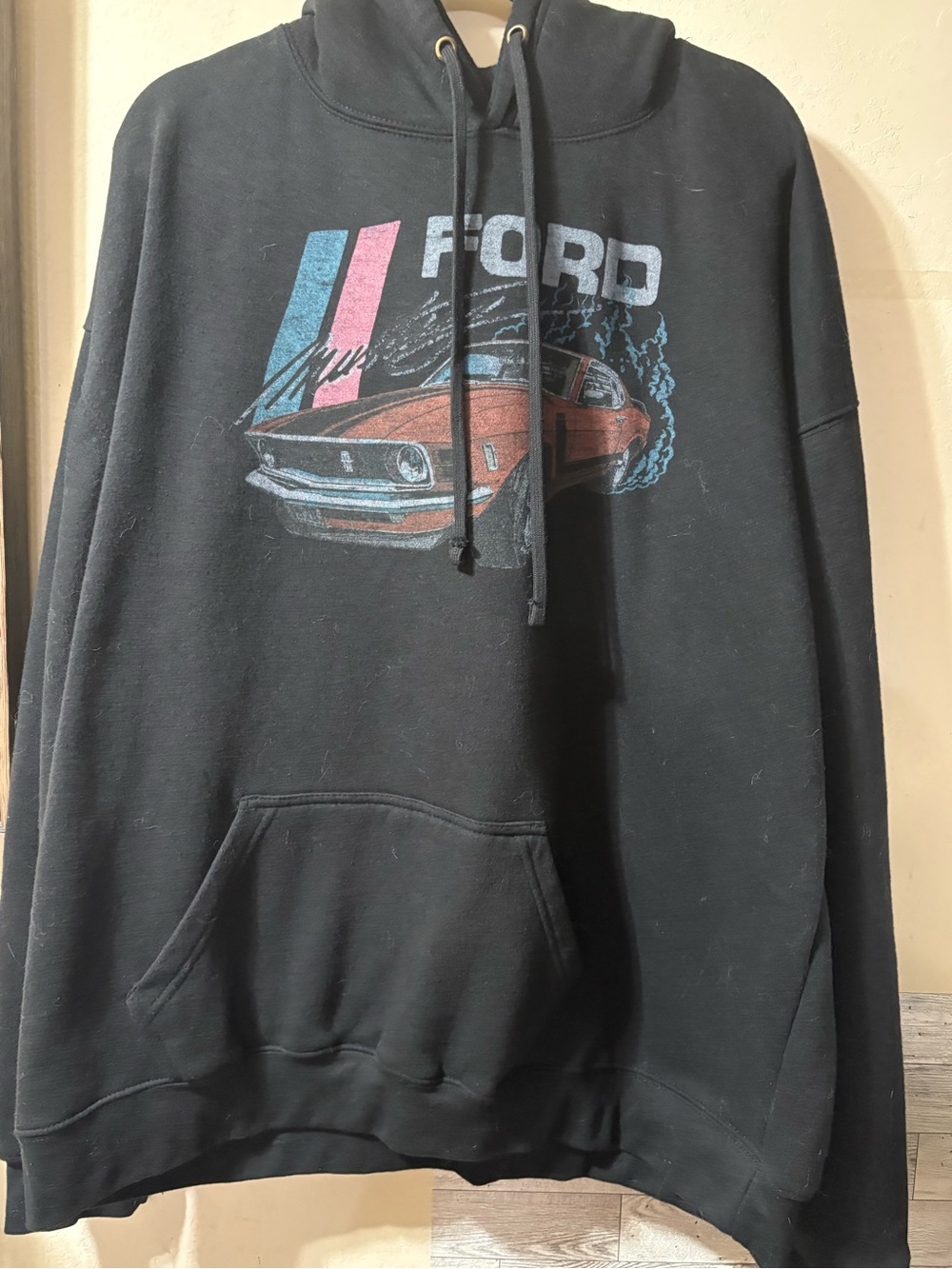 Ford Black Hoodie with Retro Car Graphic and Blue/Pink Accents